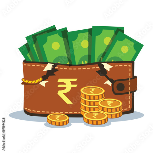 Wallet with Indian rupee notes and gold coins