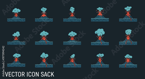 Volcano Eruption Icons Set: Lava, Smoke, Magma, Island, Ocean, Geological Activity
