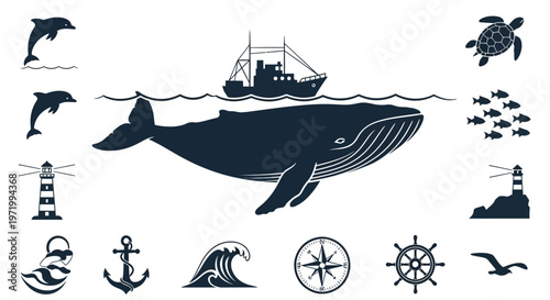 Whale, Dolphin, Turtle, Boat, Lighthouse, Anchor, Compass, Sea Icons