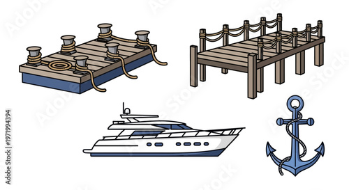 Yacht, Dock, Mooring and Anchor Vector Illustrations