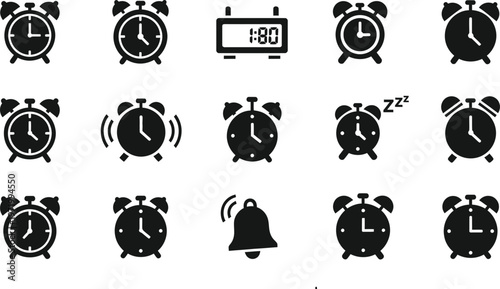 Compilation of alarm clock and bell icons representing time and wake-up calls with wake up with digital clock