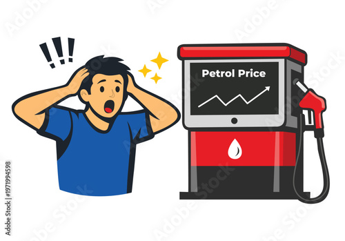Person shocked at fuel pump showing rising petrol price with upward graph