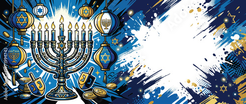 Hanukkah Festival Lanterns and Menorah with Dreidels and Gelt