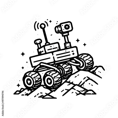 Expressive monochrome illustration of a rugged robotic rover exploring a desolate extraterrestrial world, signifying scientific advancement, cosmic journey, and humanity's reach