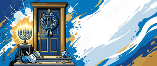 Hanukkah Festive Doorway with Menorah Dreidels and Gold Coins