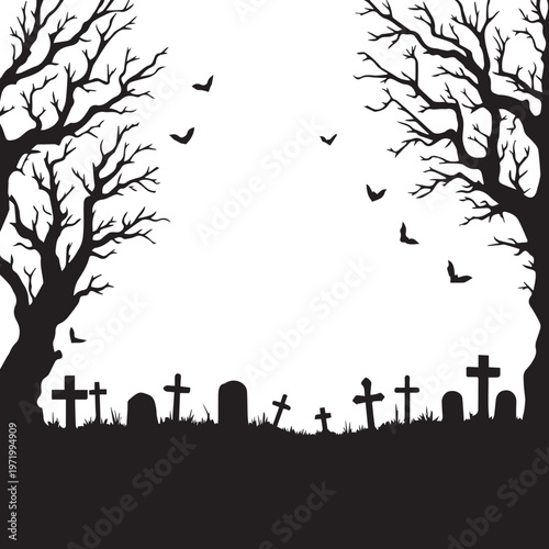 Black and white graveyard silhouette vector illustration for Halloween death eerie and supernatural design