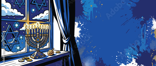 Hanukkah Menorah and Dreidel on a Window Sill with Star of David Decor