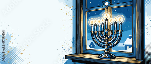 Hanukkah Menorah Candles Lit in a Window with Snowy Winter Night