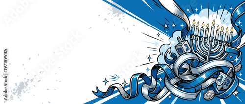 Hanukkah Menorah Dreidels and Ribbons Decorated with Stars and Splatters