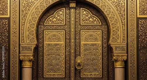 Ornate Golden Door with Intricate Carvings and Arched Entrance.