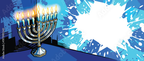 Hanukkah Menorah with Lit Candles in a Blue and White Abstract Composition
