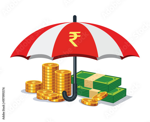 Umbrella with Indian rupee symbol protecting coins and cash