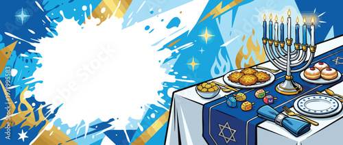 Hanukkah Table Setting with Menorah Latkes and Sufganiyot Digital Art