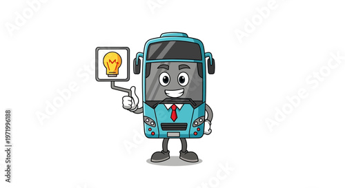 Cartoon Bus Character Holding Light Bulb Idea Sign with Thumbs Up