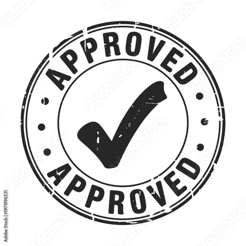 A black and white stamp displaying the word approved with a checkmark