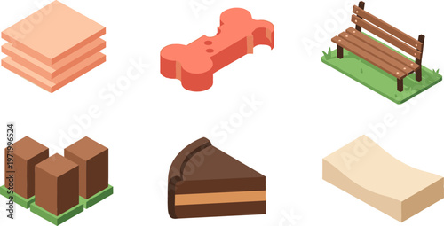 Various Icon Set Featuring Cake, Dog Bone, Bench, and Building Blocks for Food, Pets, and Lifestyle Design Projects