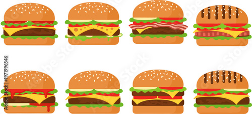 Variety of Cheeseburger Icon Set Featuring Different Toppings and Sauces for Fast Food, Restaurant, and Menu Design Projects