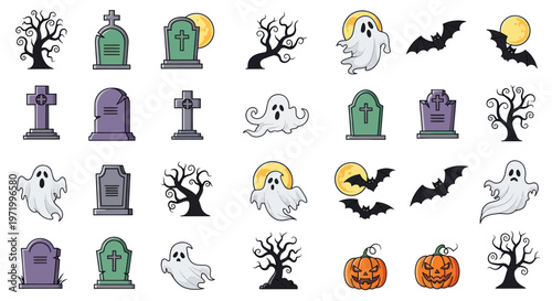 Halloween Icons: Ghosts, Gravestones, Bats, Pumpkin, Spooky Trees & Moon