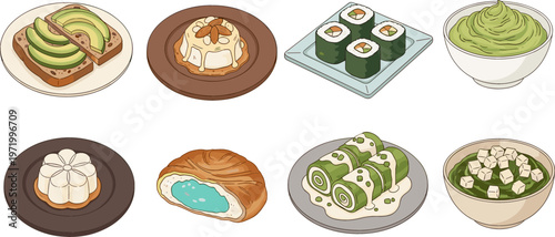 Healthy Asian Dessert and Snack Icon Set Featuring Avocado Toast, Matcha, Sushi, and Sweet Treats for Food, Health, and Culinary Design Projects
