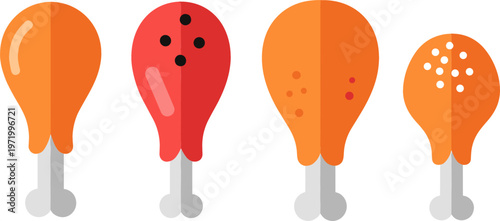 Fried Chicken Drumstick Icon Set Featuring Various Spices and Coatings for Food, Restaurant, and Culinary Design Projects