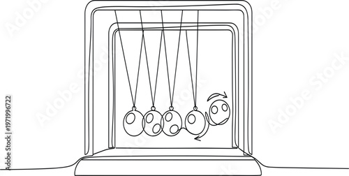 Newton’s Cradle Line Art Illustration Demonstrating Conservation of Momentum and Energy, Minimal Physics Concept for Education and Science Design
