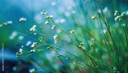 Delicate white wildflowers sway in a soft, blurred, green and blue landscape