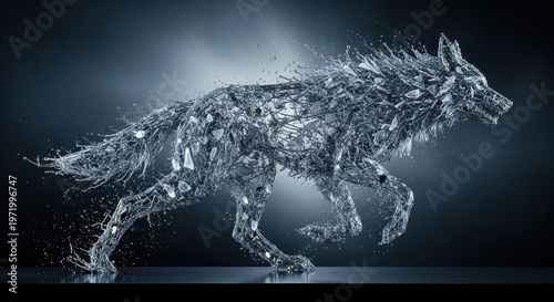 Futuristic Glass Sculpture of a Running Wolf in