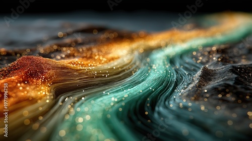 Abstract close-up of a textured surface with flowing, vibrant colors and sparkling bokeh effects, resembling a dynamic landscape or wave.