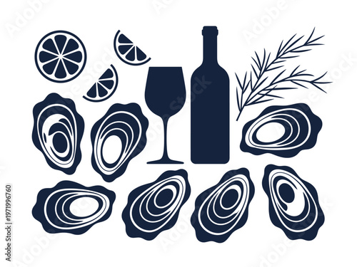 Oysters Wine Bottle Glass Lemon Slices Herbs Isolated On White For Food And Drink Concepts