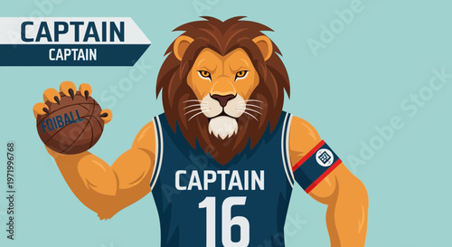 Cartoon Lion Basketball Captain Holding Ball, Sports Mascot Character