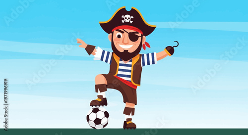 Cartoon Pirate Playing Soccer with Ball and Hook