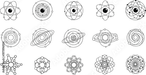Flat vector illustration of atomic orbit icons, planetary model silhouettes, electron paths, science technology symbol, minimal black and white design