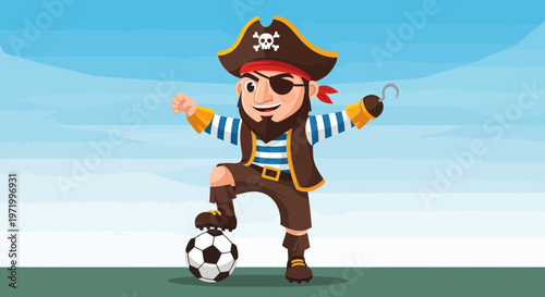 Cartoon pirate with soccer ball, playful character, fun sport theme, blue sky background