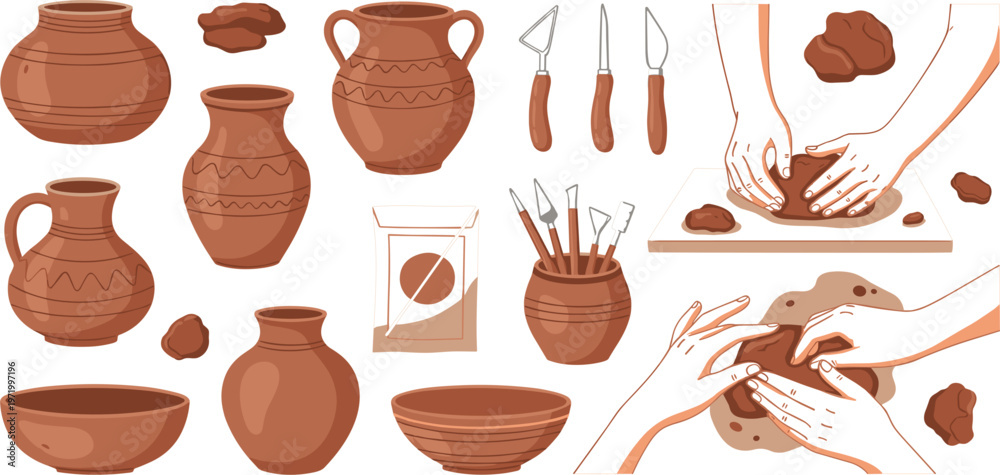 Φωτογραφία Pottery Making Process and Ceramic Vessels Collection with Clay Tools and Hands
