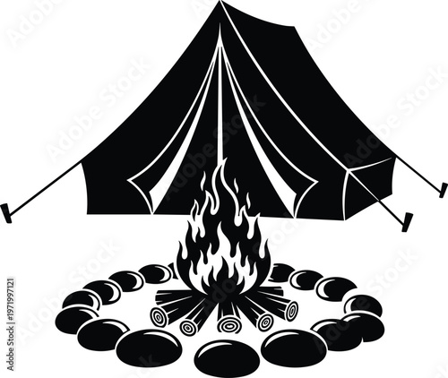Flat vector illustration of camping scene with tent and campfire, outdoor adventure, travel icon, wilderness exploration, nature tourism symbol