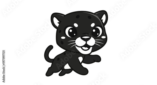 Cute cartoon black panther cub running, isolated on white background