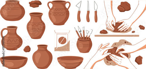 Pottery Making Process and Ceramic Vessels Collection with Clay Tools and Hands Sculpting, Illustration Set for Craft, Handmade Art, and Artisan Workshop Concepts