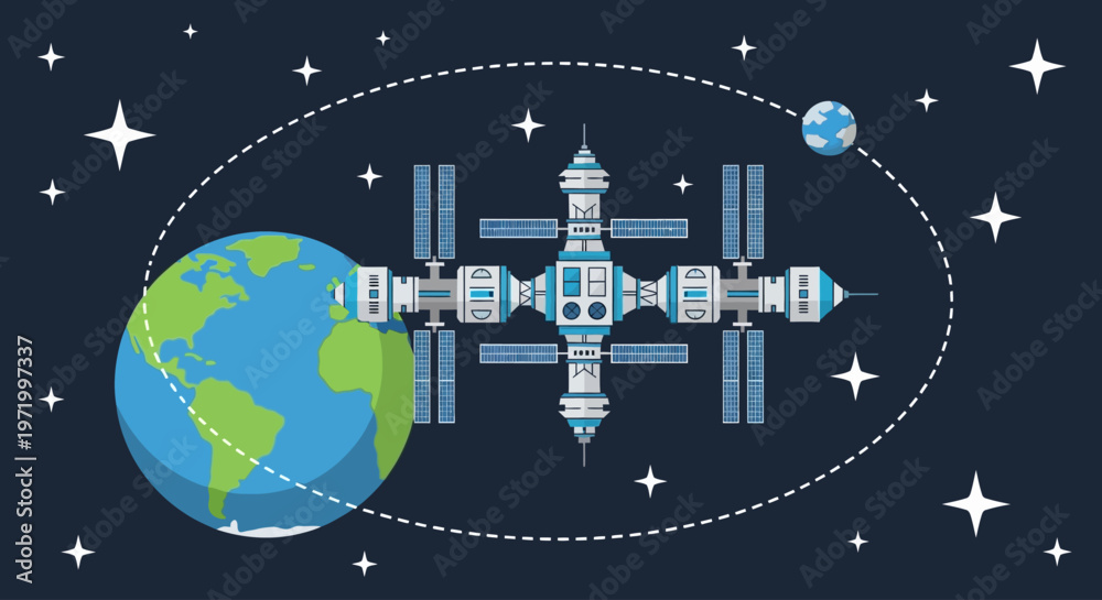 Naklejka premium National Space Day scene with Earth, Space Station, and Planets orbiting
