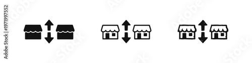 Two shops or stores with vertical arrows icon set, symbolizing retail options or market fluctuations.