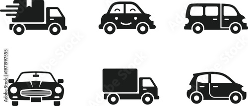 Flat vector illustration of multiple vehicle icons, delivery truck, minivan, compact car, classic automobile, transportation silhouette graphic design