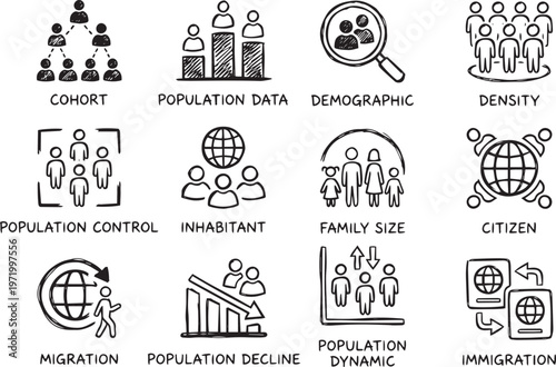 A set of vector icons illustrating population concepts on transparent background