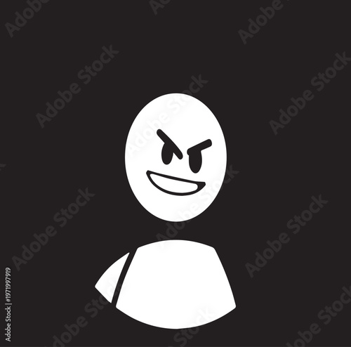 Simplistic white evil face emoji graphic on a black background, representing mean or grumpy expression.