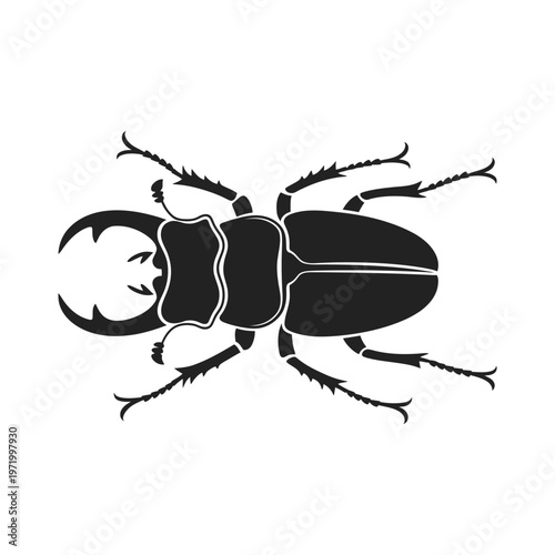 Detailed black and white illustration of a large stag beetle