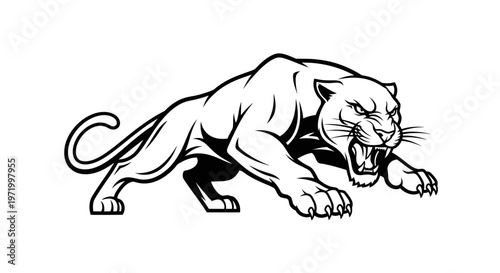 Aggressive Black Panther Mascot, Fierce Predator, Roaring Big Cat Illustration