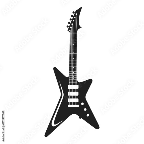 Black and white illustration of an electric guitar with a unique body