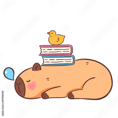 Cute Capybara Sleeping with Duck on Books Illustration