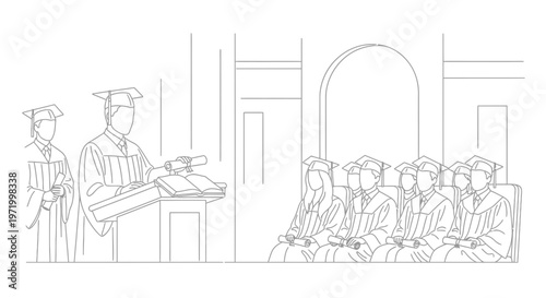 graduation ceremony, graduates sitting, speaker at podium