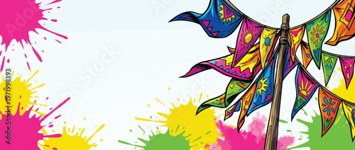 Holi Celebration Flags with Paint Splatters and Broad Empty Background for Copy