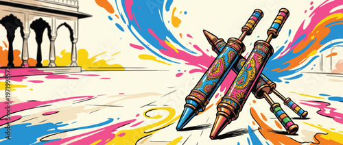 Holi Festival Celebration with Vibrant Pichkari Water Guns and Colorful Splashes