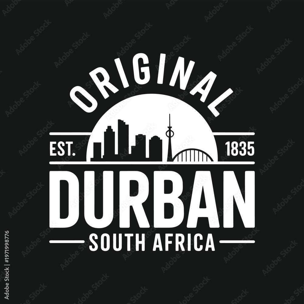 Fototapeta premium Vintage emblem featuring the durban skyline and established date